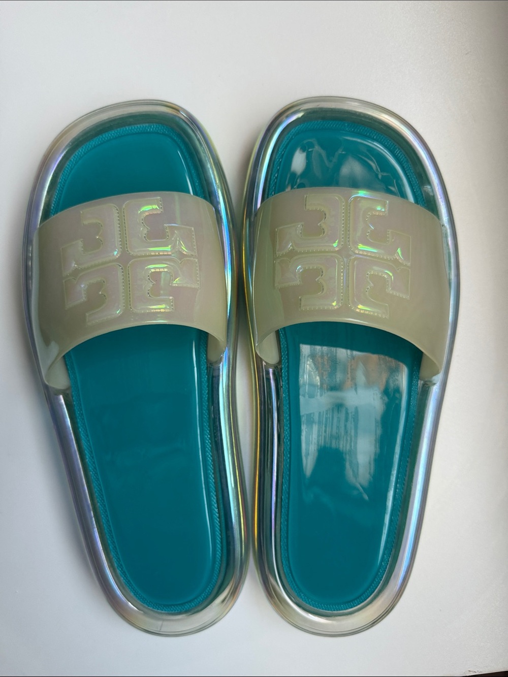 Tory Burch Teal Footbed Iridescent Slide Sandals - Picture 2 of 5